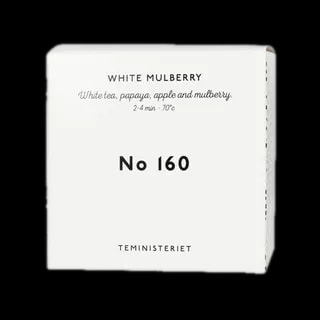 Opakowanie herbaty Teministeriet No 160 White Mulberry, zawierającej białą herbatę, papaję, jabłko oraz morwę. Herbata zalecana do zaparzania w temperaturze 70°C przez 2–4 minuty. Minimalistyczne białe pudełko z czarnymi napisami, charakterystyczne dla marki Teministeriet.