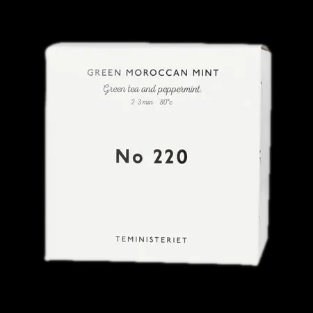 Opakowanie herbaty Teministeriet No 220 Green Moroccan Mint, zawierającej zieloną herbatę z miętą pieprzową. Idealna do zaparzania w temperaturze 80°C przez 2–3 minuty. Pudełko w minimalistycznym stylu, białe z czarnymi napisami, typowe dla marki Teministeriet.