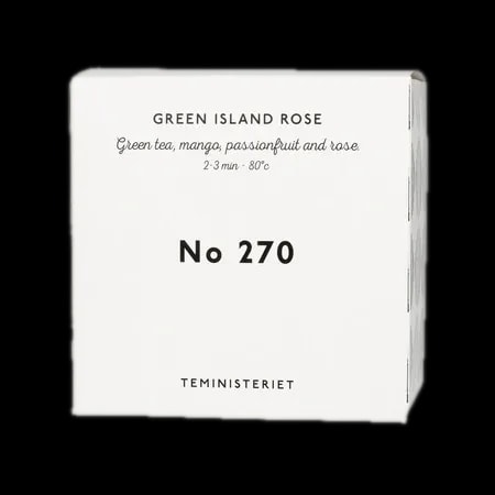 Opakowanie herbaty Teministeriet No 270 Green Island Rose, zawierającej zieloną herbatę z dodatkiem mango, marakui i róży. Idealna do zaparzania w temperaturze 80°C przez 2–3 minuty. Pudełko w eleganckim, minimalistycznym stylu, białe z czarnymi napisami, charakterystyczne dla marki Teministeriet.
