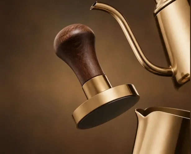 Eleganckie złote akcesoria baristyczne: tamper z drewnianą rączką, czajnik i dzbanek na brązowym tle.