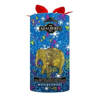 Opakowanie premium herbaty Earl Grey z Cejlonu od Sir Adalbert's, ozdobione kolorowym wzorem oraz motywem słonia. Ekstremalnie aromatyczna mieszanka z kardamonem, imbirem i goździkami, idealna na każdą porę dnia, dostępna w naszym sklepie internetowym z herbatami.
