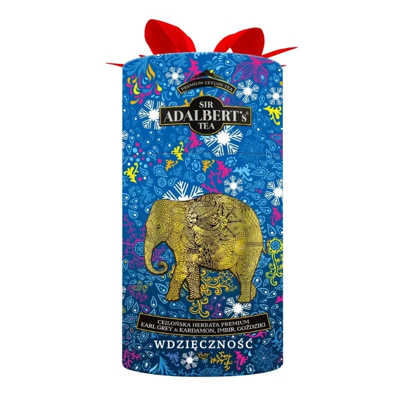 Opakowanie premium herbaty Earl Grey z Cejlonu od Sir Adalbert's, ozdobione kolorowym wzorem oraz motywem słonia. Ekstremalnie aromatyczna mieszanka z kardamonem, imbirem i goździkami, idealna na każdą porę dnia, dostępna w naszym sklepie internetowym z herbatami.