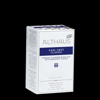 Opakowanie herbaty Althaus Earl Grey Classic, organiczna czarna herbata z dodatkiem aromatu bergamotki, zawierające 20 indywidualnie pakowanych saszetek, z elegancką niebiesko-białą grafiką, wyprodukowane w Niemczech