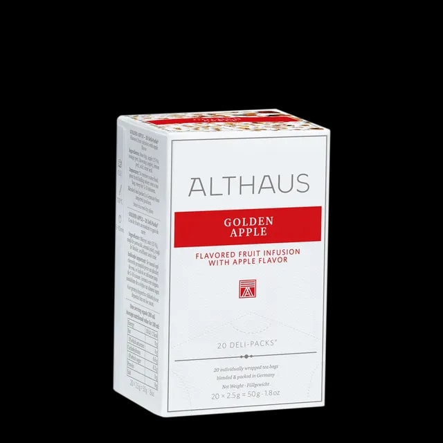 Opakowanie herbaty owocowej Althaus Golden Apple, z aromatem jabłka, zawierające 20 indywidualnie pakowanych saszetek, z eleganckim czerwono-białym designem, wyprodukowane w Niemczech