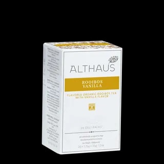 Opakowanie herbaty Althaus Rooibos Vanilla, organiczna rooibos z aromatem wanilii, zawierające 20 indywidualnie pakowanych saszetek, z eleganckim żółto-białym designem, wyprodukowane w Niemczech