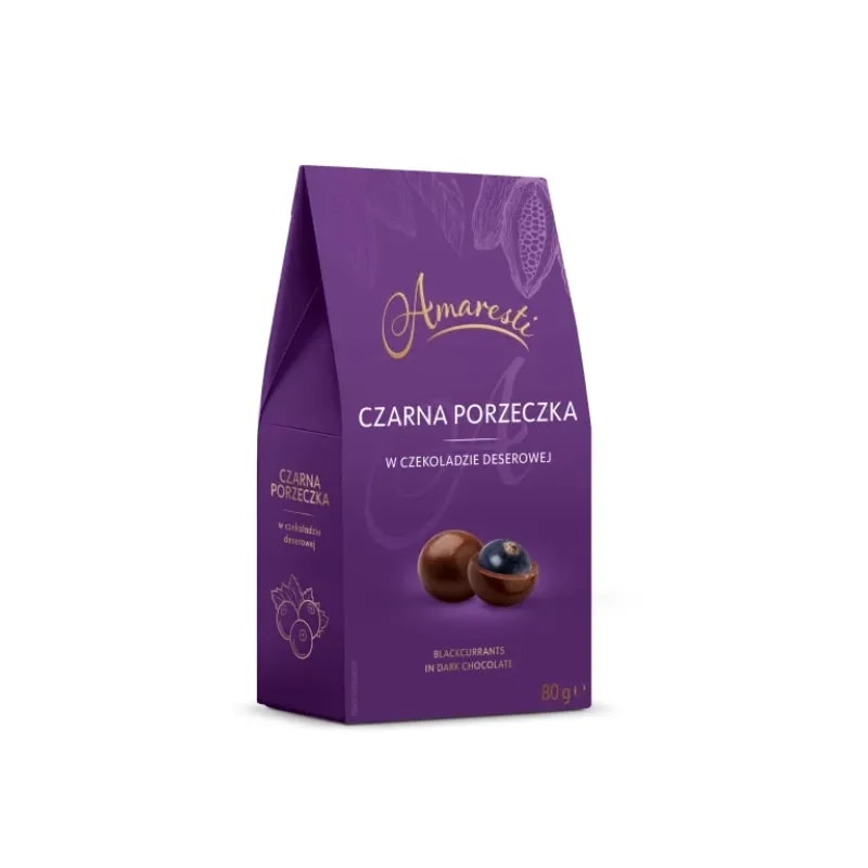 Opakowanie zawierające czarne porzeczki w deserowej czekoladzie, idealne jako słodka przekąska. Doskonałe połączenie owocowego smaku z bogatym aromatem, które świetnie komponuje się z kawą lub herbatą.