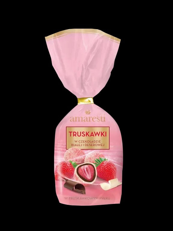 Opakowanie 160 g Amaretti Truskawki w Czekoladzie – delikatna biała i deserowa czekolada otaczająca soczyste truskawki, posypane truskawkowym pyłkiem.