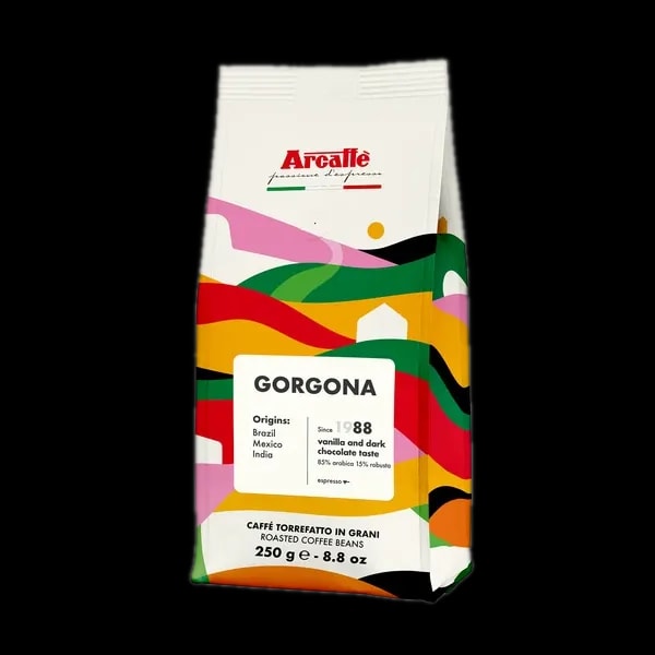 Kawa ziarnista Arcaffe Gorgona 250g, mieszanka arabiki i robusty, o nutach wanilii i ciemnej czekolady