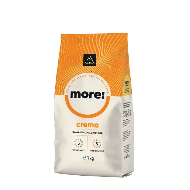 Torba 1kg kawy ziarnistej Crema od marki Astria z charakterystycznym pomarańczowym wzorem. Idealna do parzenia aromatycznego napoju, łączy w sobie równowagę kwasowości i intensywności, doskonała dla prawdziwych miłośników kawy.