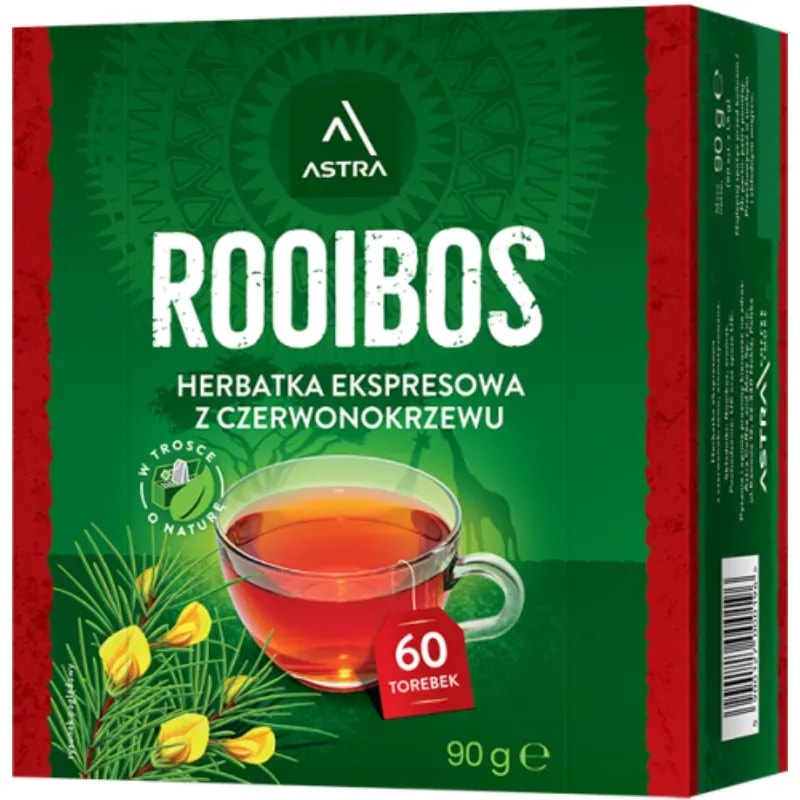 Opakowanie herbatki ekspresowej Rooibos marki Astra, zawierające 60 torebek, idealnej dla miłośników zdrowego napoju. Kolorowy design oraz aromatyczny płyn przedstawiają wyjątkową herbatę z czerwonokrzewu, która wprowadza harmonię i relaks do każdego popołudnia.
