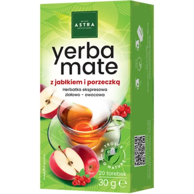 Ten pakiet herbaty Yerba Mate z jabłkiem i porzeczką zawiera 20 ekspresowych torebek, idealnych do przygotowania aromatycznego naparu. Oferuje połączenie ziołowych i owocowych smaków, które doskonale uzupełniają każdy moment relaksu.