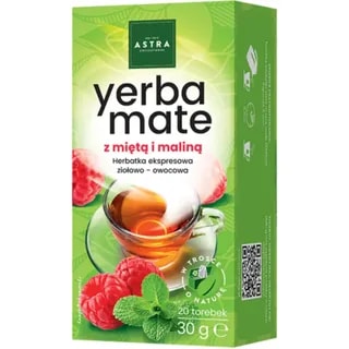 Opakowanie herbaty ekspresowej Yerba Mate z miętą i maliną, które oferuje wyjątkowy smak ziołowo-owocowy. Zawiera 20 torebek, idealnych do szybkiego parzenia aromatycznego naparu w każdej chwili.