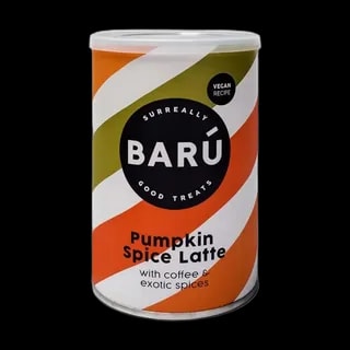 BARÚ Pumpkin Spice Latte 250 g – wegański napój instant z kawą, dynią i egzotycznymi przyprawami w kolorowym opakowaniu, idealny na jesienne dni.