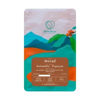 Opakowanie bezkofeinowej kawy Kolumbia Popayan o aromatycznych nutach mirabelki i soku z czarnej porzeczki. Idealna do parzenia espresso, ta kawa łączy w sobie naturalny smak i wysoką jakość, doskonała dla miłośników kawy bez kofeiny.
