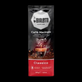 Opakowanie kawy ziarnistej Bialetti Caffè in Grani Classico o pojemności 1 kg. Czarne opakowanie z logo Bialetti, czerwonym akcentem i filiżanką espresso. Intensywność 8, średni stopień palenia, idealna do ekspresów automatycznych i młynków. Klasyczny smak włoskiej kawy dla miłośników aromatycznego espresso.
