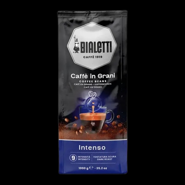 Opakowanie kawy ziarnistej Bialetti Caffè in Grani Intenso o pojemności 1 kg. Czarne opakowanie z logo Bialetti i granatowym akcentem, przedstawiające filiżankę mocnego espresso. Kawa o intensywności 9, ciemny stopień palenia, idealna dla miłośników wyrazistych smaków. Doskonała do ekspresów ciśnieniowych, młynków i metod alternatywnych. Aromat charakteryzujący się nutami czekolady i prażonych orzechów.