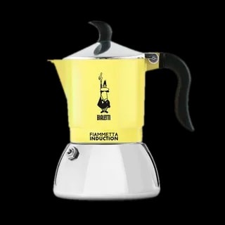 Żółta kawiarka Bialetti Fiammetta Induction 2tz na białym tle, tradycyjna włoska kawiarka do parzenia kawy na indukcję, model Primavera, z czarnym ergonomicznym uchwytem i srebrnym wykończeniem, idealna do przygotowywania espresso w domu