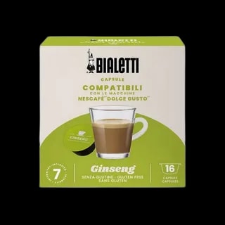 Opakowanie kapsułek kawy Bialetti Ginseng, kompatybilnych z ekspresami Nescafé Dolce Gusto. Na froncie filiżanka kawy z żeń-szeniem oraz zielona kapsułka. Zawiera 16 kapsułek o intensywności 7, bezglutenowe.