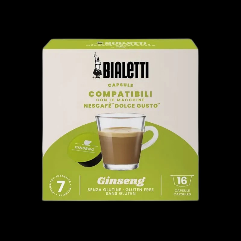 Opakowanie kapsułek kawy Bialetti Ginseng, kompatybilnych z ekspresami Nescafé Dolce Gusto. Na froncie filiżanka kawy z żeń-szeniem oraz zielona kapsułka. Zawiera 16 kapsułek o intensywności 7, bezglutenowe.