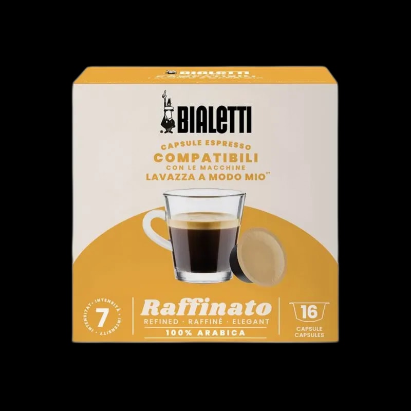 Opakowanie kapsułek kawy Bialetti Raffinato, kompatybilnych z ekspresami Lavazza A Modo Mio. Widać filiżankę espresso z gęstą, kremową pianką oraz jasnobeżową kapsułkę. Zawiera 16 kapsułek o intensywności 7, wykonanych ze 100% Arabiki.