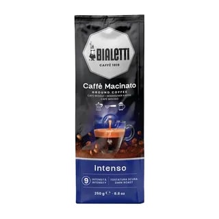 Mielona kawa Bialetti Caffè Macinato o intensywnym smaku, idealna do parzenia w filiżance lub ekspresie. Opakowanie 250g zachwyca miłośników aromatycznego espresso oraz bogatych, kawowych doznań.