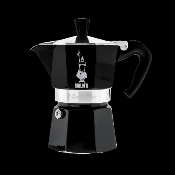Czarna kawiarka Bialetti Moka Express o pojemności 3 filiżanek, z klasycznym logo Bialetti i srebrnym pierścieniem ozdobnym, idealna do przygotowywania tradycyjnej włoskiej kawy na kuchenkach gazowych i elektrycznych.