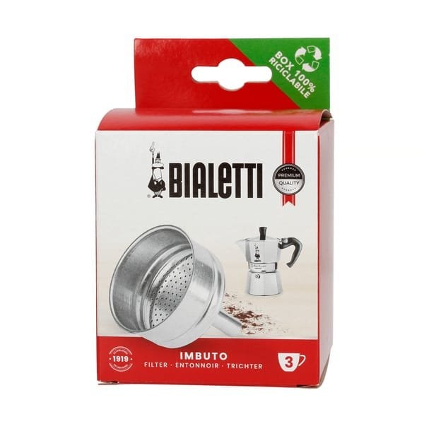 Obraz przedstawia opakowanie sitka Bialetti, przeznaczonego do przygotowywania kawy. Idealny filtr dla miłośników kawy, zapewniający doskonałą jakość napoju, dostępny w naszym sklepie internetowym.