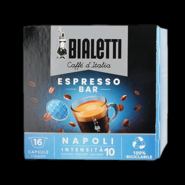 Opakowanie kapsułek do kawy Bialetti Napoli Espresso Bar, zawierające 16 sztuk. Opakowanie w kolorze czarno-niebieskim z dużym logo Bialetti na górze. Widoczna filiżanka espresso z kremową pianką oraz rozsypane ziarna kawy. Informacja o intensywności kawy (10/10) oraz logo wskazujące, że kapsułki są w 100% recyklingowane.