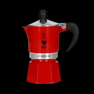 Elegancka kawiarka Bialetti Rainbow w czerwonym kolorze o pojemności 1 tz. Idealna do zaparzenia jednej filiżanki pysznego espresso. Klasyczny czarny uchwyt i chromowana pokrywka dopełniają stylowy wygląd.