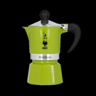 Stylowa kawiarka Bialetti Rainbow w kolorze zielonym o pojemności 1 tz. Idealna do przygotowania jednej filiżanki aromatycznego espresso. Wyposażona w klasyczny uchwyt w kolorze czarnym oraz elegancką, chromowaną pokrywkę.