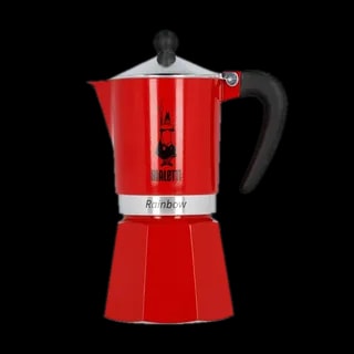 Kawiarka Bialetti Rainbow w czerwonym kolorze o pojemności 6 tz, idealna do przygotowania sześciu filiżanek espresso. Klasyczna forma i czarny uchwyt zapewniają elegancję i wygodę w użytkowaniu.