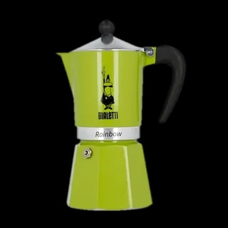 Kawiarka Bialetti Rainbow w zielonym kolorze o pojemności 6 tz, doskonała do zaparzenia sześciu filiżanek espresso. Stylowy design z czarnym uchwytem gwarantuje wygodę użytkowania i elegancki wygląd.