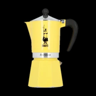 Kawiarka Bialetti Rainbow w żółtym kolorze o pojemności 6 tz, idealna do przygotowania sześciu filiżanek espresso. Elegancki design z czarnym uchwytem zapewnia komfort użytkowania i stylowy wygląd.