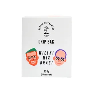 Zdjęcie przedstawia pakowanie drip bagów "Wielki Mix Braci" od Braci Ziółkowskich, które zawierają 10 saszetek wysokiej jakości kawy. Idealne dla miłośników kawy, oferujące wyjątkowy smak do parzenia w domowym zaciszu lub w biurze.