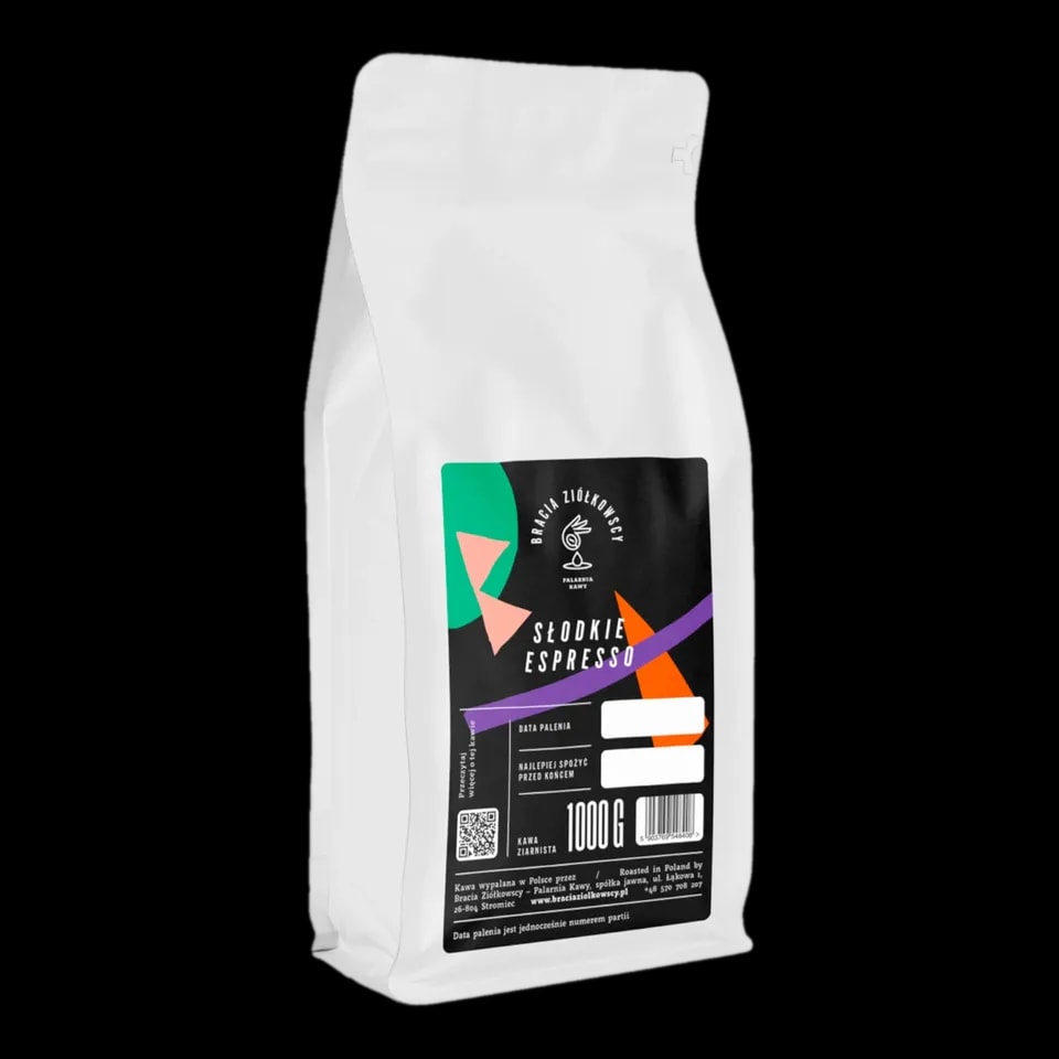Kawa Słodkie Espresso 1kg, ziarna o słodkim smaku, palona przez Braci Ziółkowskich, opakowanie 1kg