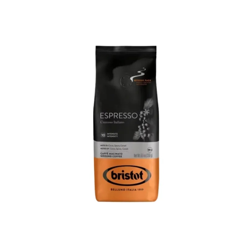 Opakowanie włoskiej kawy mielonej Bristot Espresso, o intensywności 10, zawiera nuty kakao, przypraw i karmelu. Idealna do przygotowania aromatycznego espresso, dostarczająca doskonałe doznania smakowe dla miłośników kawy.