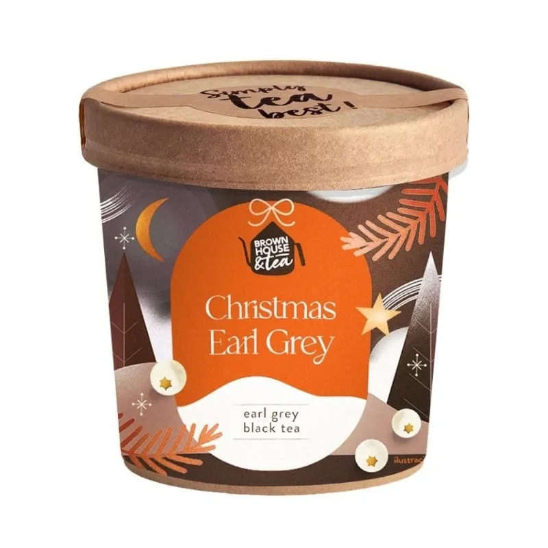 Opakowanie herbaty Christmas Earl Grey, z motywami świątecznymi, idealnej na zimowe wieczory. Doskonały wybór dla miłośników aromatycznej czarnej herbaty, która umili każdy świąteczny moment.