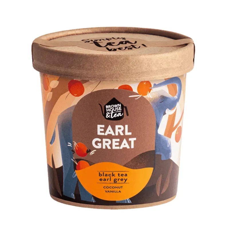 Na zdjęciu widoczny jest elegancki pojemnik zawierający herbatę Earl Great, która łączy aromatyczną czarną herbatę Earl Grey z nutą kokosa i wanilii. Doskonały wybór dla miłośników wyjątkowych smaków herbat, idealny do parzenia w każdych warunkach.