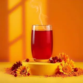 Szklanka parującego naparu z herbaty otoczona kolorowymi kwiatami i czerwonymi owocami. Idealny produkt do wspomnienia relaksu, który wprowadza w ciepłą atmosferę każdej chwili spędzonej z herbatą.