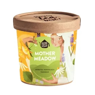 Opakowanie herbatki Mother Meadow, zaprojektowane z myślą o wsparciu trawienia. Kolorowa etykieta przedstawia naturalne składniki oraz przyjemny, relaksujący klimat, idealny dla miłośników zdrowego stylu życia.