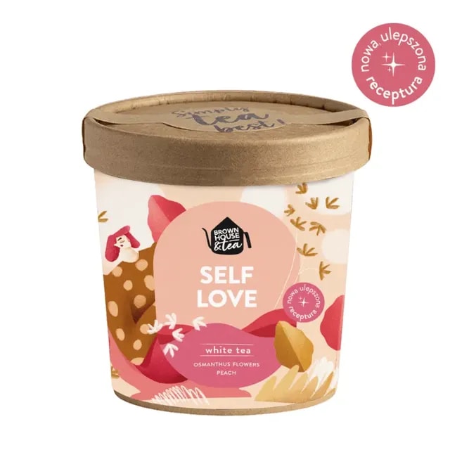 Opakowanie białej herbaty "Self Love" z kwiatami osmantusa i brzoskwinią, zaprojektowane przez Brown House & Tea. Kwiatowe aromaty i wyjątkowy smak sprawiają, że jest to idealny wybór na relaks w każdej chwili dnia.
