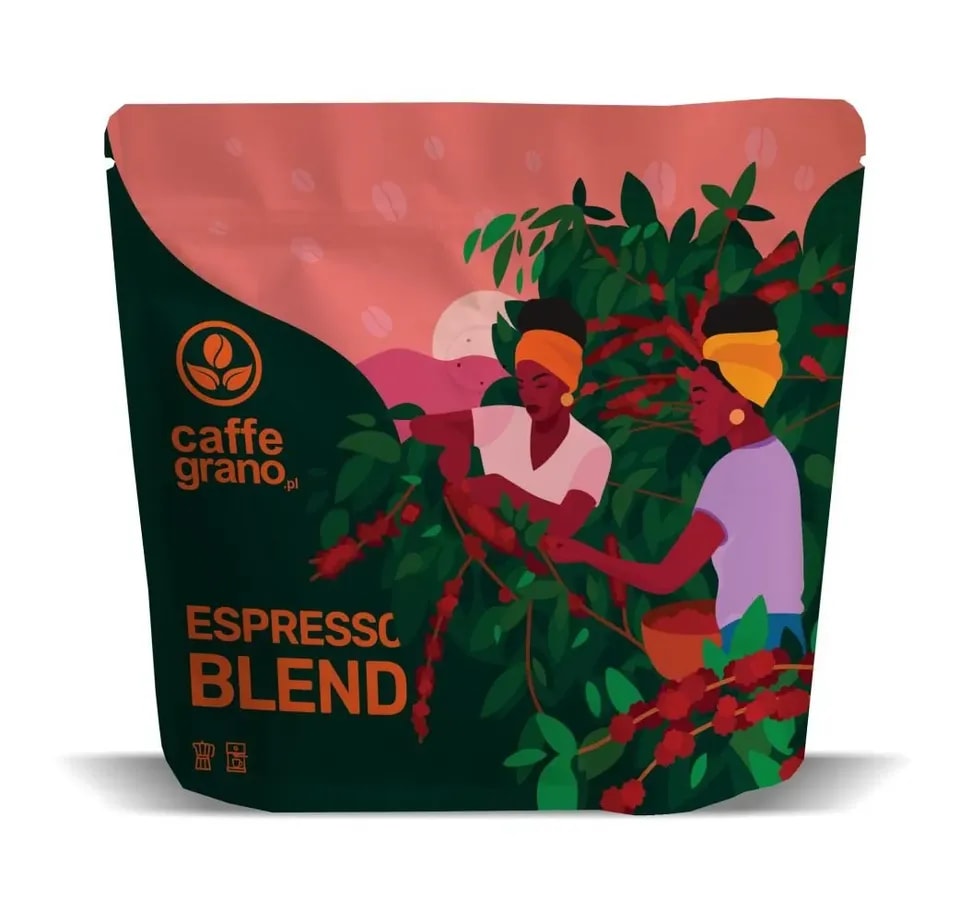 Opakowanie kawy Caffe Grano Espresso Blend 250g z ilustracją zbioru ziaren kawowca – mieszanka idealna do espresso, dostępna w sklepie Coffee Selection.