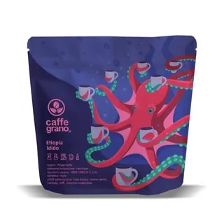 Opakowanie kawy Etiopia Idido wyróżnia się kolorowym, artystycznym wzorem z ośmiornicą trzymającą filiżanki. Ten wyjątkowy produkt, o nutach białych kwiatów, zielonego jabłka oraz mlecznej czekolady, sprawi, że każda chwila z kawą stanie się niezapomniana.