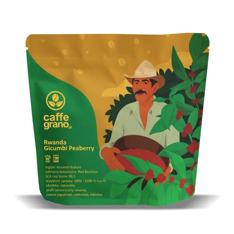 Opakowanie kawy Rwanda Gicumbi Peaberry z atrakcyjną grafiką przedstawiającą rolnika zbierającego owoce kawowca. Ta wyjątkowa kawa o nutach owocowych, takich jak ananas i czekolada, idealnie sprawdzi się w przygotowaniu aromatycznego espresso.