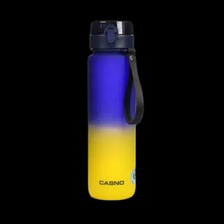 Elegancka butelka Casno Missouri o pojemności 1050 ml z gradientowym przejściem kolorów granatowo-żółtych, wyposażona w szczelne zamknięcie i praktyczny pasek do przenoszenia. Idealna na wodę i napoje.