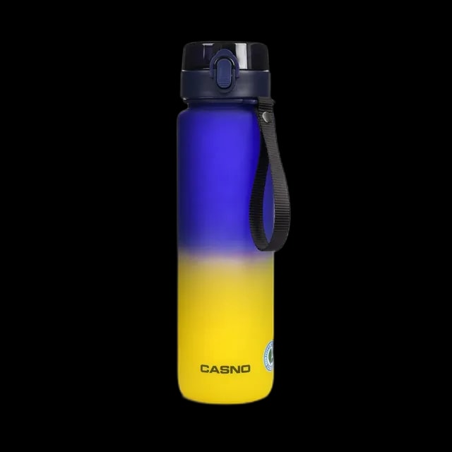 Elegancka butelka Casno Missouri o pojemności 1050 ml z gradientowym przejściem kolorów granatowo-żółtych, wyposażona w szczelne zamknięcie i praktyczny pasek do przenoszenia. Idealna na wodę i napoje.