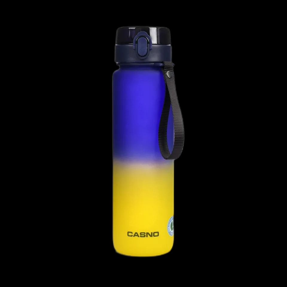 Elegancka butelka Casno Missouri o pojemności 1050 ml z gradientowym przejściem kolorów granatowo-żółtych, wyposażona w szczelne zamknięcie i praktyczny pasek do przenoszenia. Idealna na wodę i napoje.