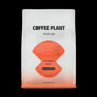 Opakowanie kawy ziarnistej Coffee Plant Etiopia Guji 250 g do przelewu, w biało-pomarańczowym designie, dostępne w sklepie z kawą