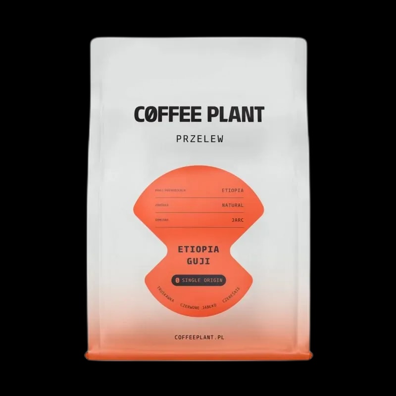 Opakowanie kawy ziarnistej Coffee Plant Etiopia Guji 250 g do przelewu, w biało-pomarańczowym designie, dostępne w sklepie z kawą