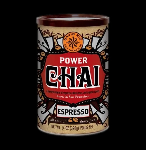 Puszka herbaty David Rio Power Chai Espresso o pojemności 398g, na białym tle. Mieszanka espresso, czarnych herbat i organicznych przypraw, bez nabiału, z etykietą w stylu vintage, zapakowana w brązową puszkę